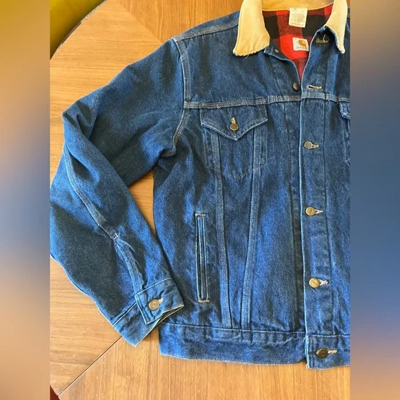 Vintage Carhartt Denim Jacket JF878 Men Buffalo Plaid Lined 100 Year USA - Picture 2 of 9